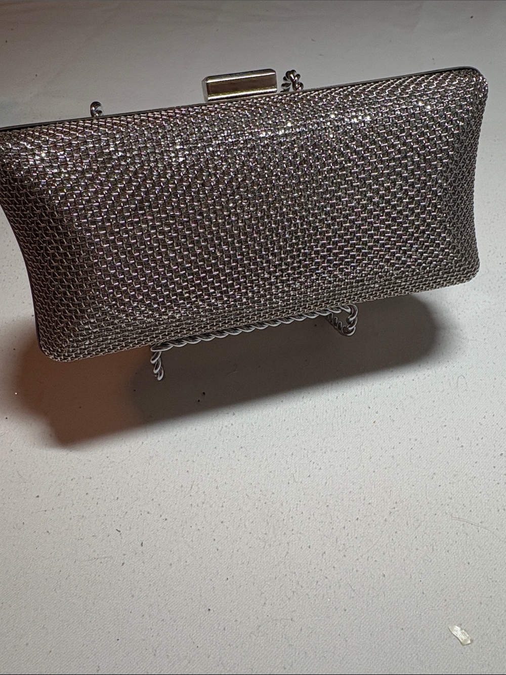JNB Sparkly Silver Mesh Hard-sided Evening Clutch Handbag